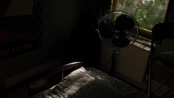 阳光穿过树林 窗户直射进一间小卧室 — 图库视频影像