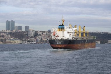 ISTANBUL, TURKEY - Dec 29, 2020: Istanbul, Turkey - December 29, 2020 : A dry bulk carrier from China named as Feng Mao Hai was passing from Istanbul Bosphorus near coast of Besiktas.