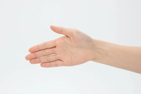 Tiro Perto Uma Mão Gesticulando Aperto Mão Isolado Fundo Branco — Fotografia de Stock