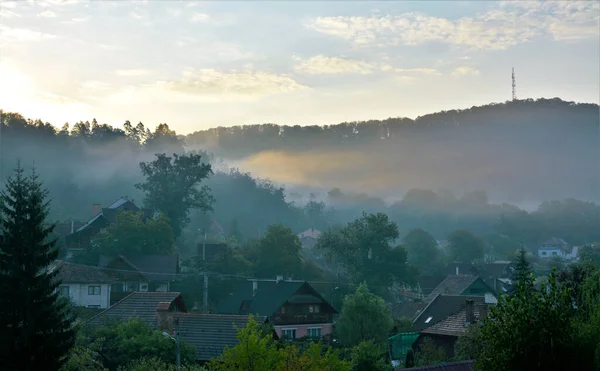 Luftaufnahme Eines Schönen Dorfes Hintergrund Des Sonnenuntergangs — Stockfoto