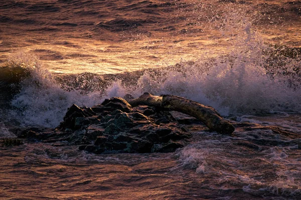 日没時に太陽の下で岩や海の波の閉鎖 壁紙のために素晴らしい — ストック写真