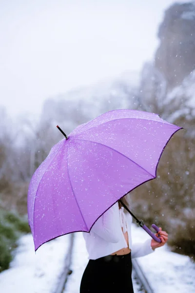 Вертикальний Знімок Невпізнаваної Дівчини Капелюсі Тримає Фіолетову Парасольку Сніжний День — стокове фото