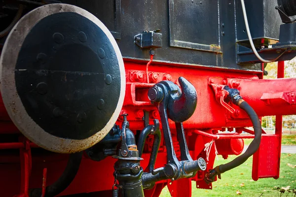 Close Dos Detalhes Parte Trás Uma Locomotiva Vintage Campo — Fotografia de Stock