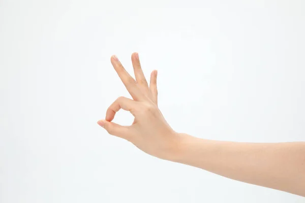 Närbild Hand Gester Okej Tecken Isolerad Whit — Stockfoto