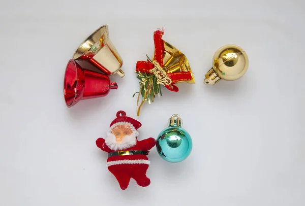 Top View Christmas Decoration Little Santa Balls Bells — Stock Photo, Image