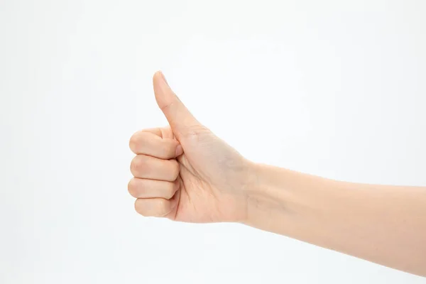 Closeup Shot Hand Gesturing Thumbs Isolated White Background Stock Picture