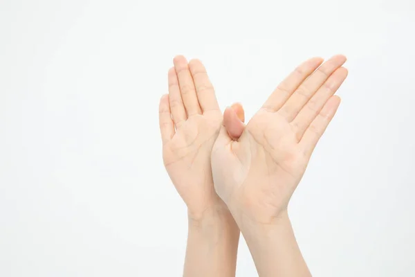 Een Close Shot Van Handen Gebaren Vleugels Geïsoleerd Een Witte — Stockfoto