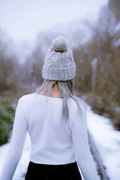 Tanınmayan Bir Kız Şapka Takıyor Karlı Bir Günde Demiryolunda Yürüyor — Stok fotoğraf
