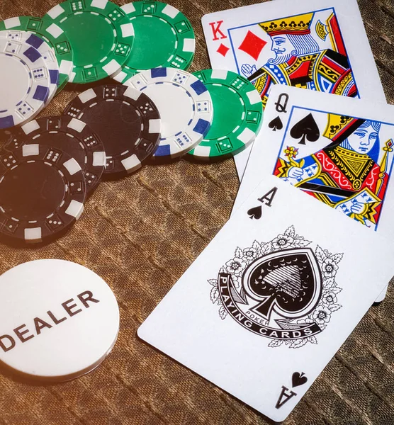 Primer Plano Fichas Casino Cartas Juego —  Fotos de Stock