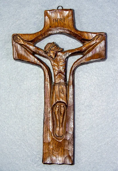 Closeup Beautifully Carved Wooden Cross Crucified — Stock Photo, Image