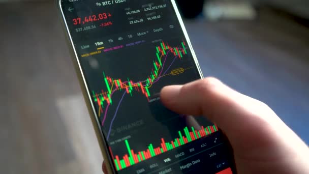 一个人在智能手机上查看比特币的价格图表 投资者考虑如何创造财富 — 图库视频影像