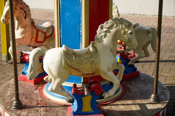 Een Kleine Vrolijke Gaan Rond Met Drie Paarden Voor Kinderen — Stockfoto