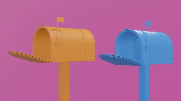 Isolated Shot Yellow Blue Mailboxes Pink Background — Stock Photo, Image