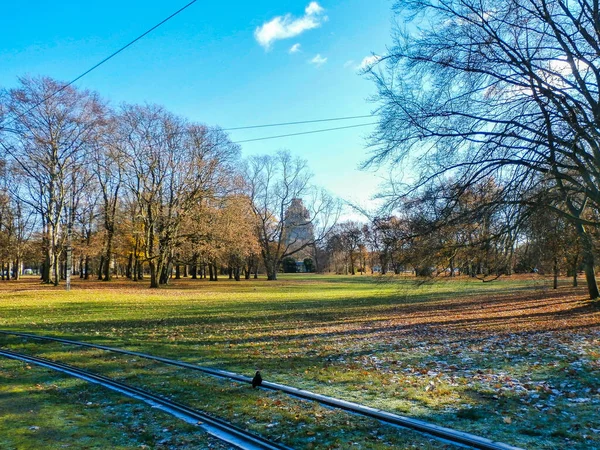 Uma Bela Paisagem Uma Ferrovia Que Passa Por Uma Floresta — Fotografia de Stock