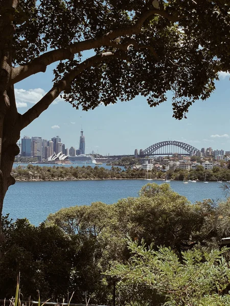 A vertical shot of a wonderful sea surrounded with green trees and a beautiful city