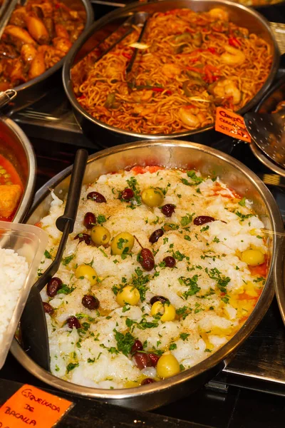 Una Toma Alto Ángulo Comida Española Casera Lista Para Venta — Foto de Stock