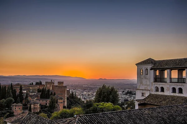 Uitzicht Alhambra Palace Bij Zonsondergang Granada Spanje Hdr Stijl Met — Stockfoto