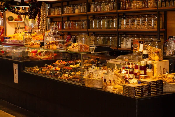 Gros Plan Stand Fruits Vendre Sur Marché Boqueria Barcelone Espagne — Photo