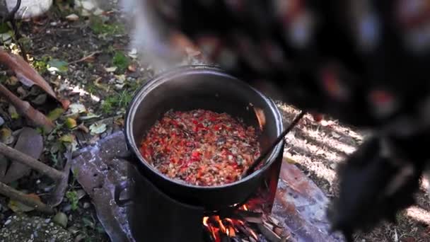 Stara Samica Mieszająca Gorącą Owsiankę Kotle Ognisku Widok Bliska — Wideo stockowe