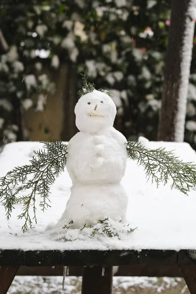 Small Snowman Fir Tree Branches Its Hands Wood Pieces Its — Stock Photo, Image