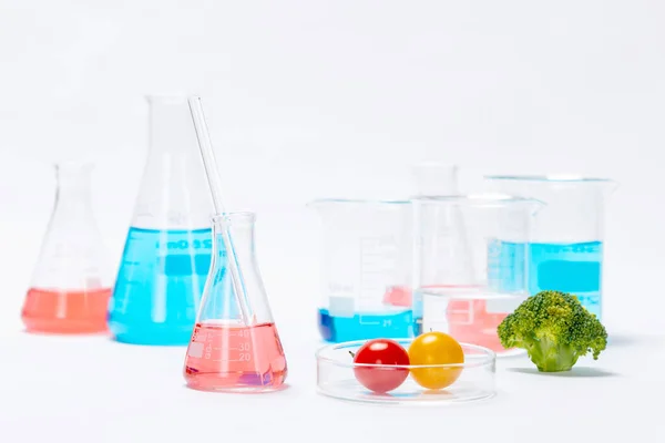 实验室桌上放有樱桃 西红柿和西兰花的瓶中有毒物质的特写镜头 — 图库照片