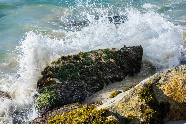 Fantastisk Bild Våg Plaskande Sten Solig Dag — Stockfoto