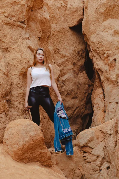 Eine Vertikale Aufnahme Einer Modischen Frau Die Auf Den Steinen — Stockfoto