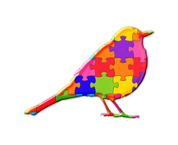 由白色背景的彩色拼图组成的喜鹊鸟的一个孤立的例子 — 图库照片