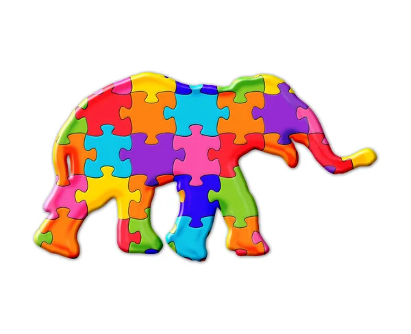 白い背景にカラフルなパズルピースで構成された象の孤立したイラスト — ストック写真