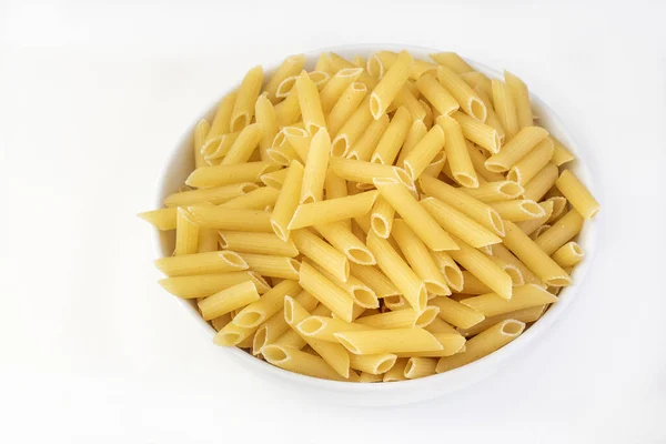 White Bowl Filled Dry Raw Pasta White Table — Stock Photo, Image
