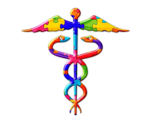Izolowana Ilustracja Medycznego Znaku Caduceus Składającego Się Kolorowych Elementów Układanki — Zdjęcie stockowe