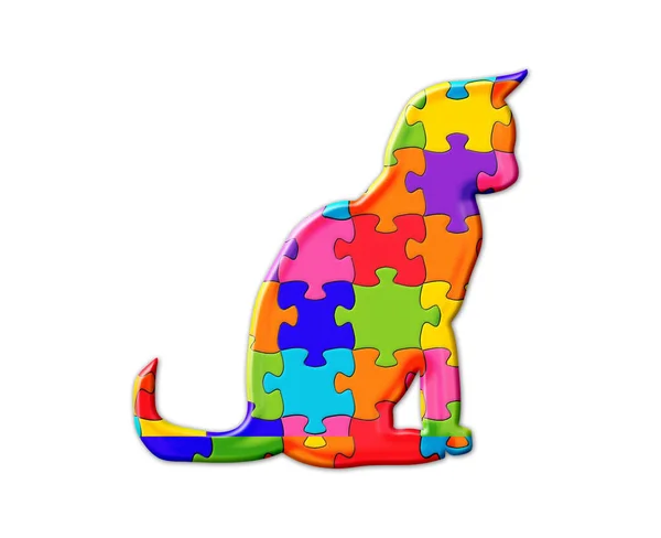 Eine Isolierte Illustration Einer Sitzenden Katze Bestehend Aus Bunten Puzzleteilen — Stockfoto