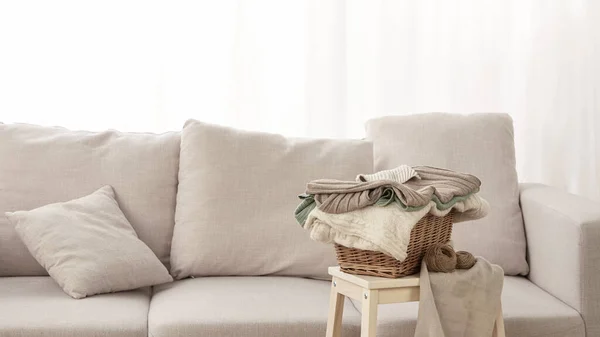 Closeup Gray Sofa Basket Folded Clothes Small Table — Stock Photo, Image