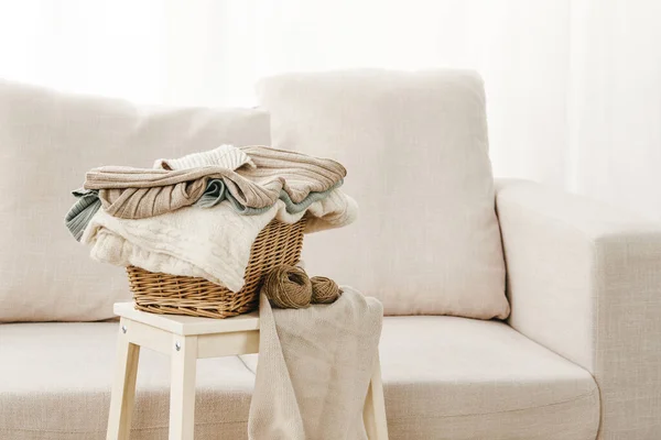 Closeup Gray Sofa Basket Folded Clothes Small Table — Stock Photo, Image