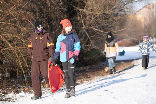 Poznan Pologne Jan 2021 Les Gens Amusent Avec Des Traîneaux — Photo