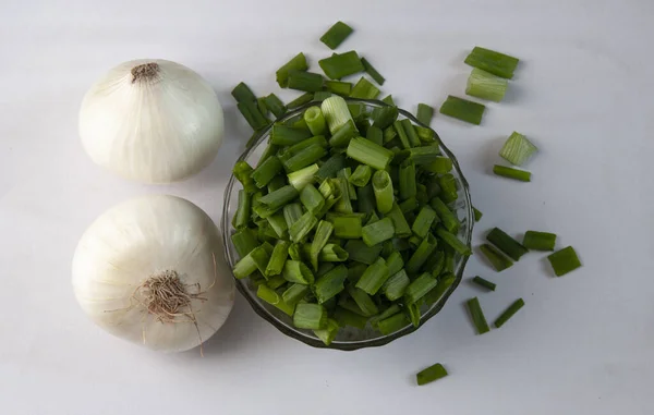 Top View Fresh Raw White Onions Chopped Green Onions Bowl — Stock Photo, Image