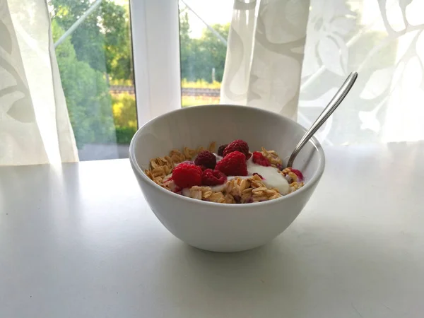 Eine Schüssel Müsli Mit Joghurt Und Himbeeren Gesundes Nahrhaftes Frühstück — Stockfoto