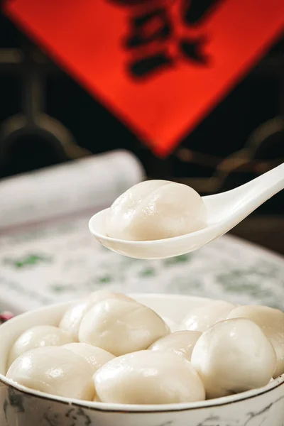 Vertical Shot Ball Glutinous Rice Balls Spoon Table — Stock Photo, Image