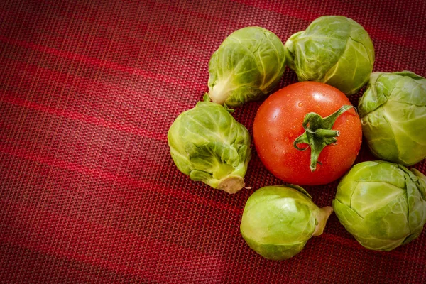 Top View Brussel Sprouts Tomato Red Surface — Stock Photo, Image