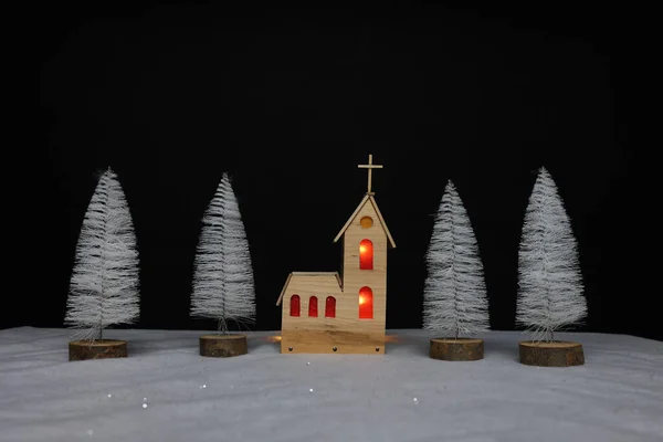 Small Church Made Plywood Bottle Cleaning Brush Trees Christmas Night — Stock Photo, Image