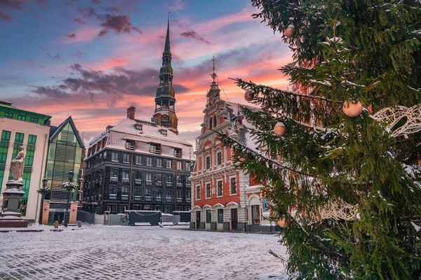 Casa Dei Blackheads Riga Lettonia Tramonto Inverno — Foto Stock