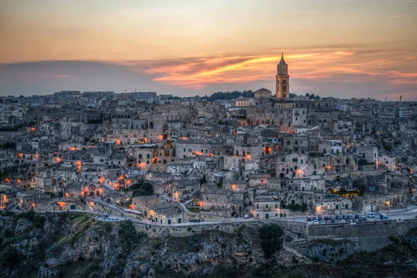 Scénický Západ Slunce Nad Starobylým Městem Matera Regionu Basilicata Jižní — Stock fotografie