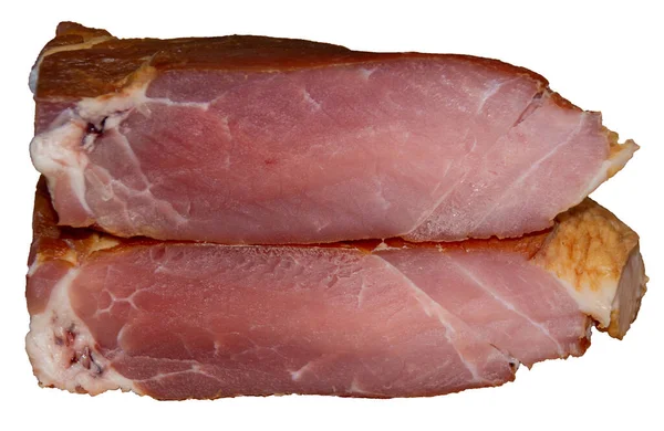 Eine Nahaufnahme Eines Halbierten Stücks Geräuchertem Speck Isoliert Auf Weißem — Stockfoto