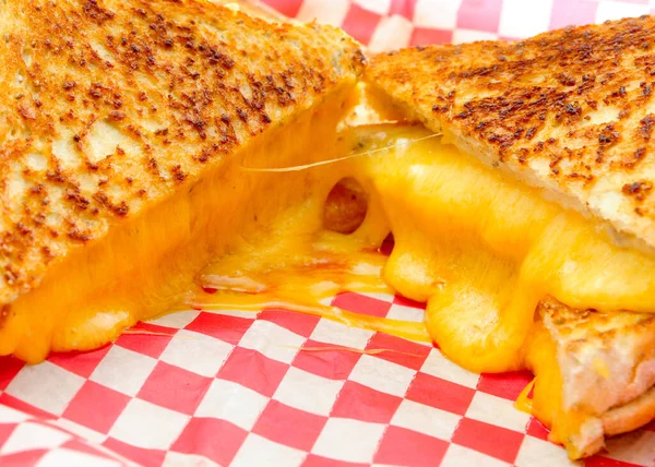 Decadent Grilled Cheese Sandwiches Oozing Cheese Running Out Ketchup Dipping — Stock Photo, Image