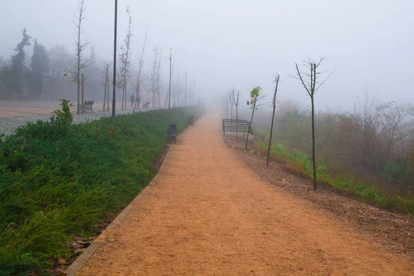 Sentiero Rossastro Parco Autunno Coperto Nebbia — Foto Stock