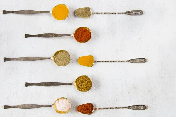 Flat Lay Variety Spices Vintage Silver Spoons — Stock Photo, Image