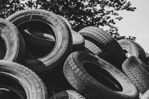 Grayscale Closeup Shot Heap Tires — Stock Photo, Image