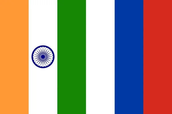Close Das Bandeiras Nacionais Verticais Índia Rússia Conceito Fundo Política — Fotografia de Stock