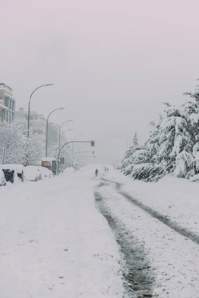 Eine Schneebedeckte Straße Während Des Sturms Filomena Spanien — Stockfoto