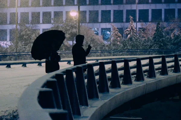 Een Silhouet Van Twee Personen Een Brug Tijdens Winterstorm Filomena — Stockfoto